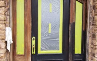 Mahogany Door one side sanded by festool dustless sander by Chromatist Painters. Showcasing the sanded bare wood to with the rest of the door.