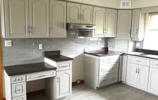 After kitchen cabinet door installation. Completed kitchen spraying project in Erin, Toronto, featuring Benjamin Moore semi-gloss AF 685 Thunder on cabinets