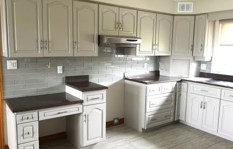 After kitchen cabinet door installation. Completed kitchen spraying project in Erin, Toronto, featuring Benjamin Moore semi-gloss AF 685 Thunder on cabinets