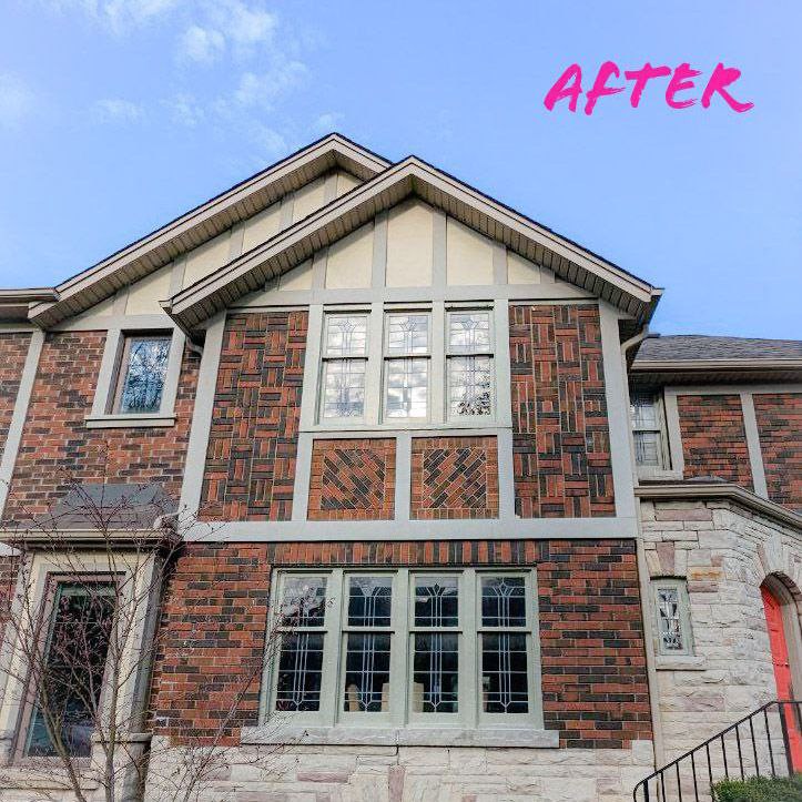 After photo of freshly painted window frames of a historical house in Leaside Toronto.