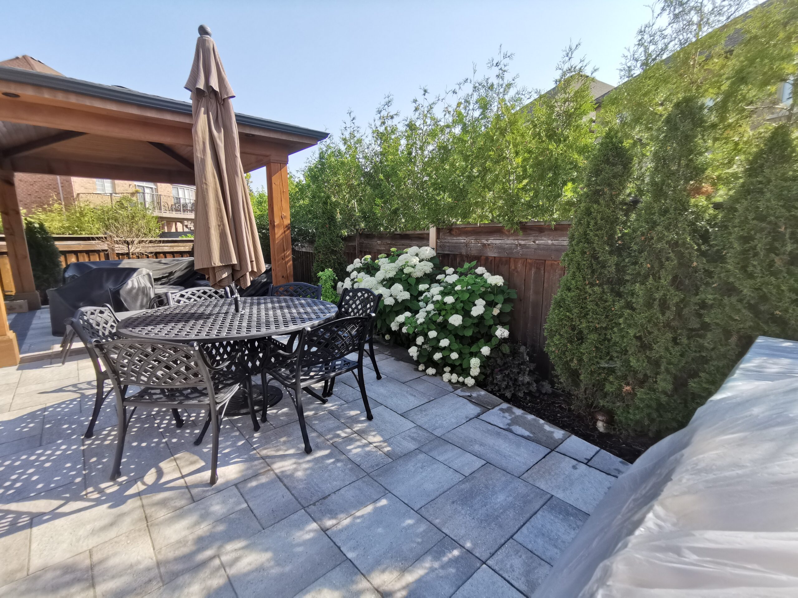 Back yard of a house Vaughan, with a worn wooden fence and an unpainted door. The fence appears aged and neglected.