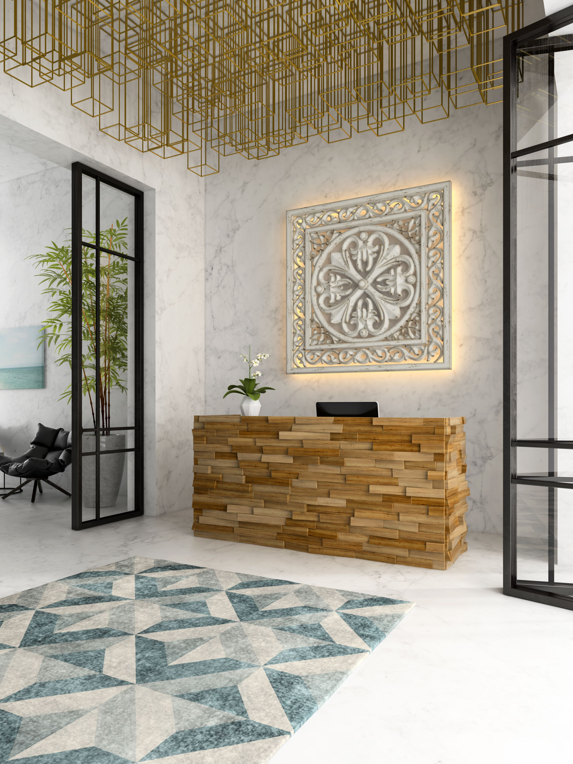 Glossy Venetian Plaster Walls in Hotel Spa Reception Interior of a hotel spa reception with walls finished in glossy, stone-like Venetian plaster.
