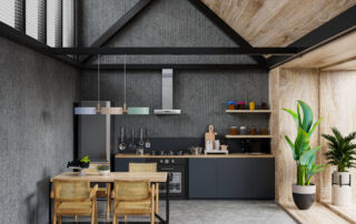 Dark grey microcement walls in a kitchen bamboo design texture, toronto.