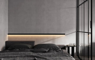 Colour drenching in a dark black contemporary luxury bedroom with Venetian plaster walls, showcasing a moody, modern design in a high-end Toronto home.