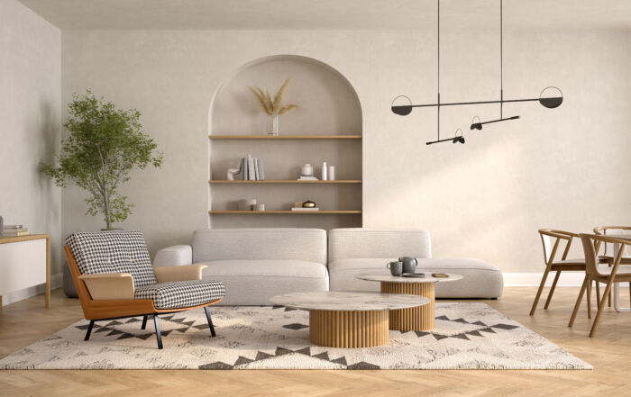 Elegant yet minimal living room walls finished in Venetian plaster by Toronto-based contractor.