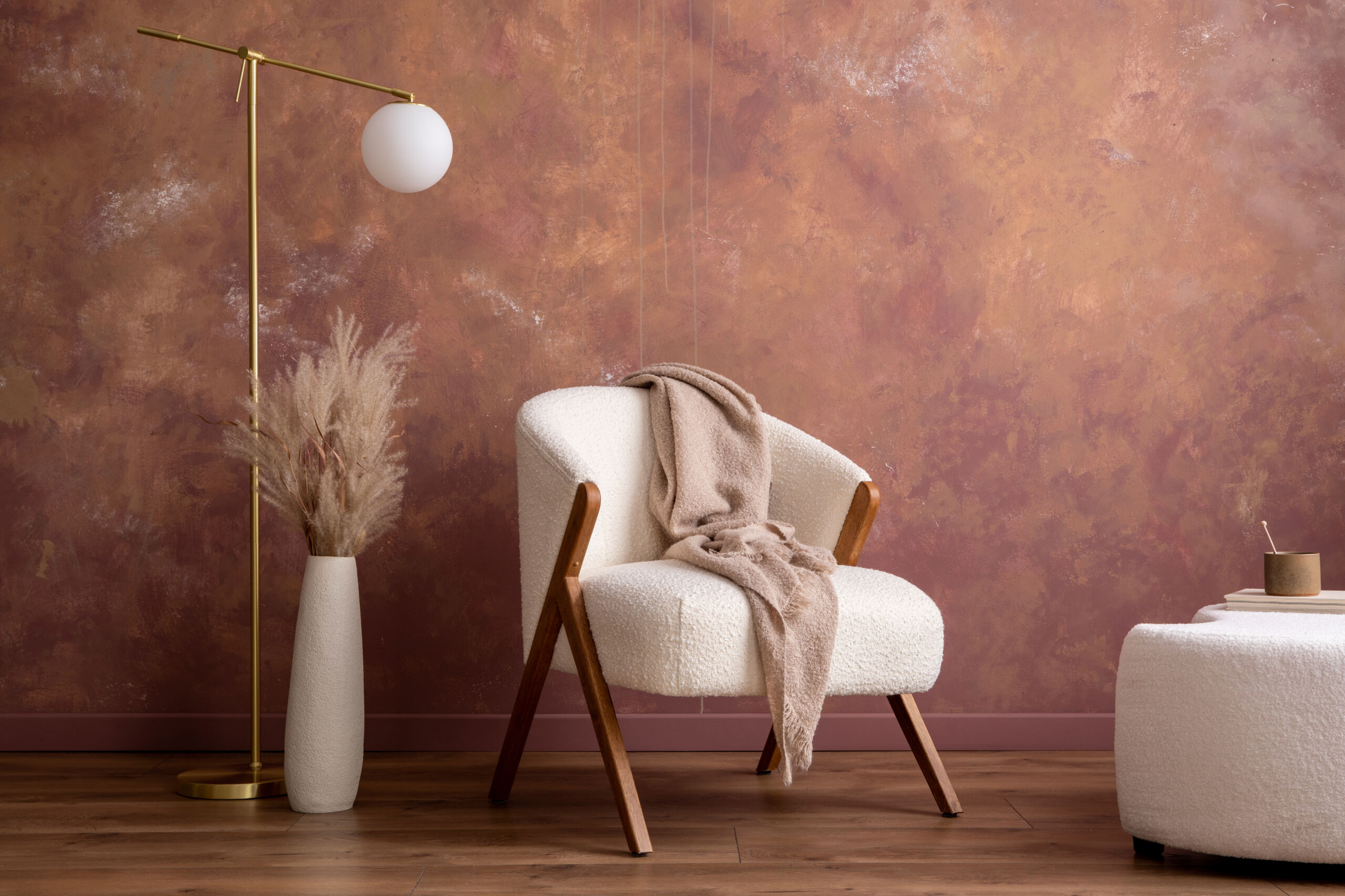 The stylish composition a living room interior with venetian plaster walls venetian plaster wall application in a moody red colour