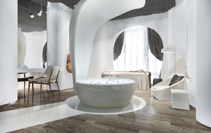 Decorative plaster finish in spa and massage wellness area of a hotel suite in Toronto