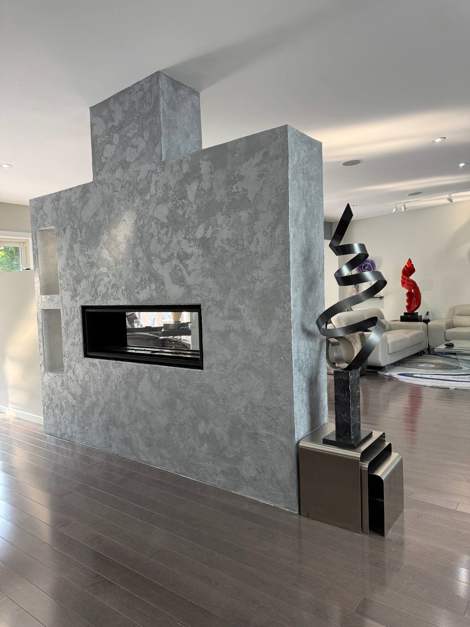 fireplace makeover venetian plaster with metallic finish in north york toronto12 Venetian plaster on fireplace with metallic dual-tone finish in Toronto living room