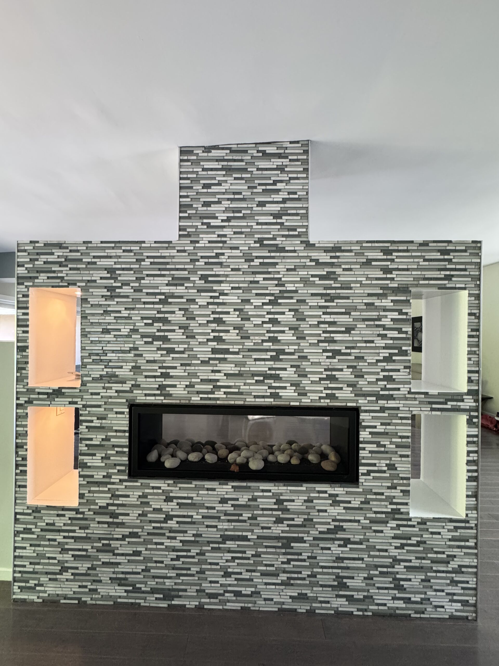 fireplace makeover venetian plaster with metallic finish in north york toronto3 Two-sided tiled fireplace before being refinished in Venetian plaster