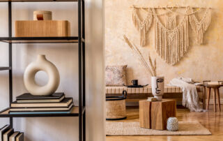 Interior design of stylish boutique store with earthy boho vibes and multi-colour Venetian plaster walls