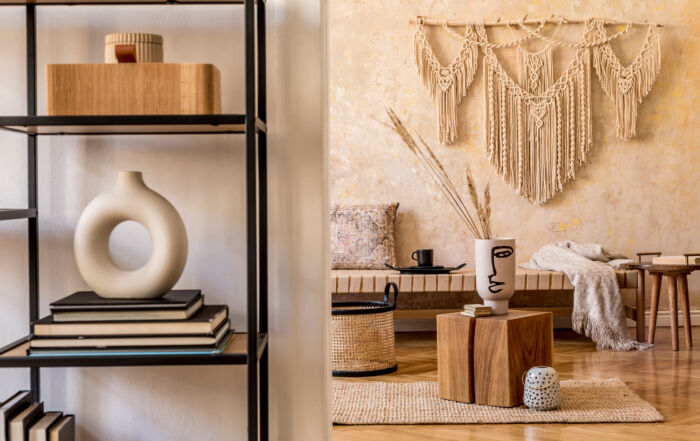 Interior design of stylish boutique store with earthy boho vibes and multi-colour Venetian plaster walls