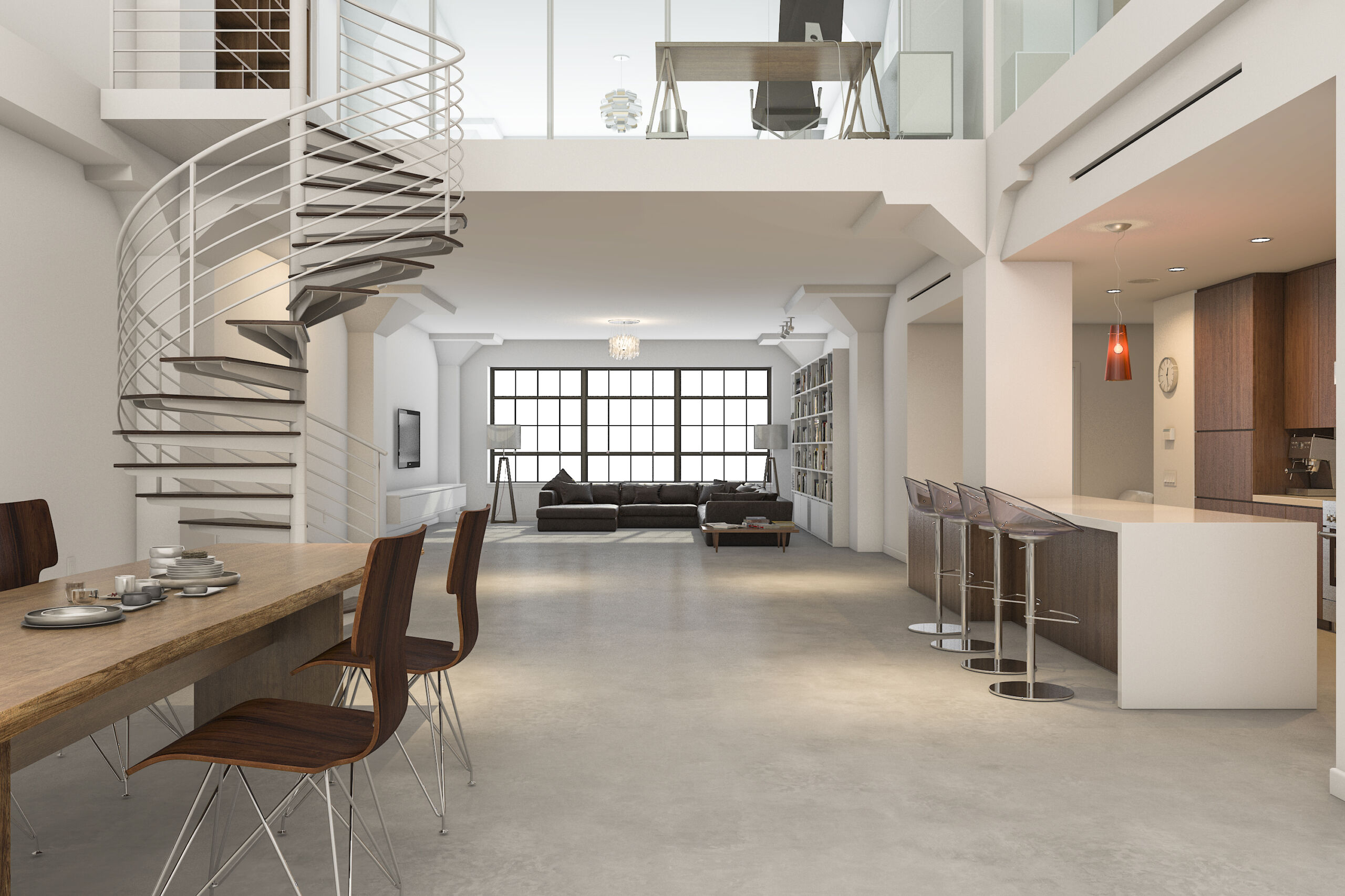 Microcement floor in office loft in East End, downtown Toronto