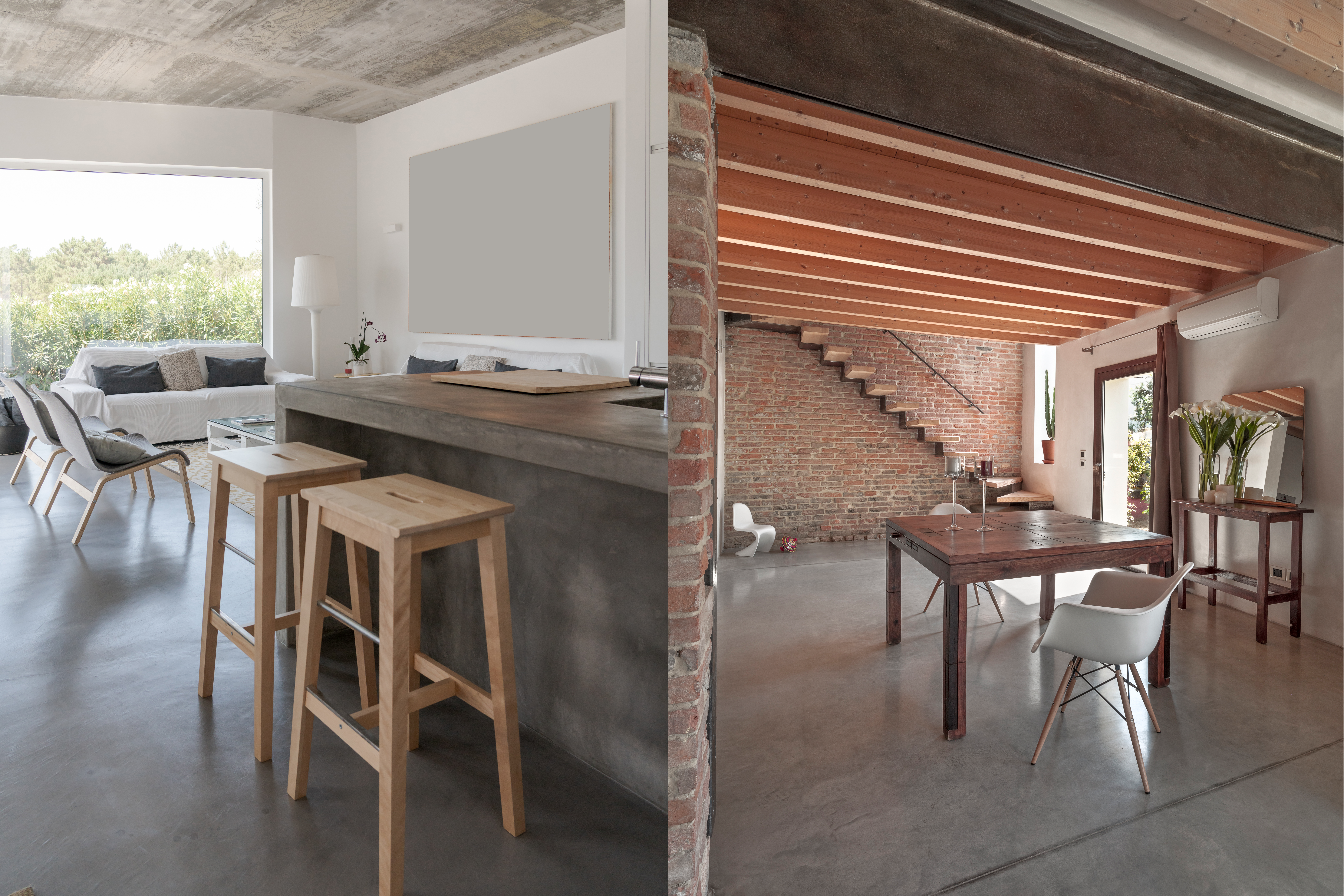 Microcement vs polished concrete comparison for modern floor finishes in residential and commercial spaces.