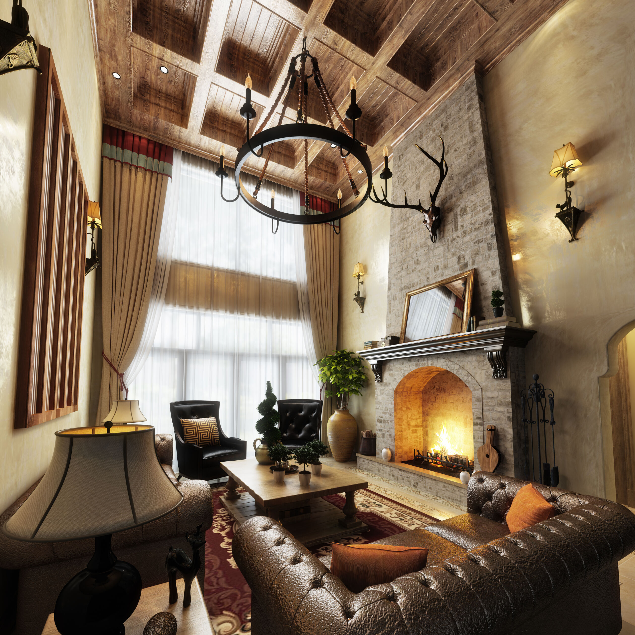 Plaster Painted Walls in High-Ceiling Modern Living Room Plaster painted walls in a modern living room with high ceilings showcasing an age-old textured finish