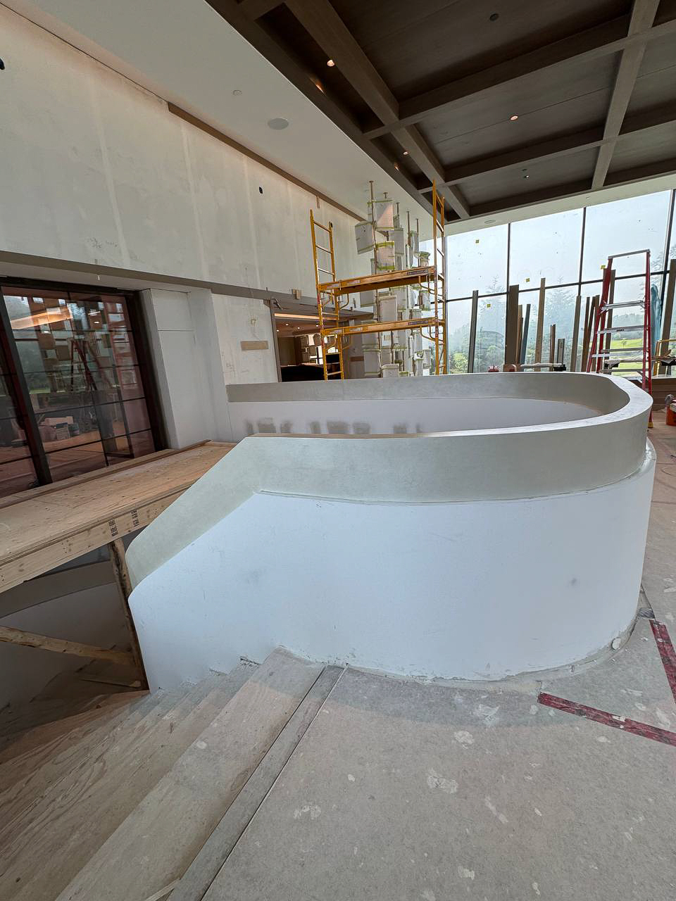 velvet-modern-venetian-plaster-finish-for-staircase-handrail-for-royal-bayview-residences-by–tridel-in-thornhill3 Venetian plaster finish in off-white with champagne sheen at Royal Bayview construction site in Thornhill.