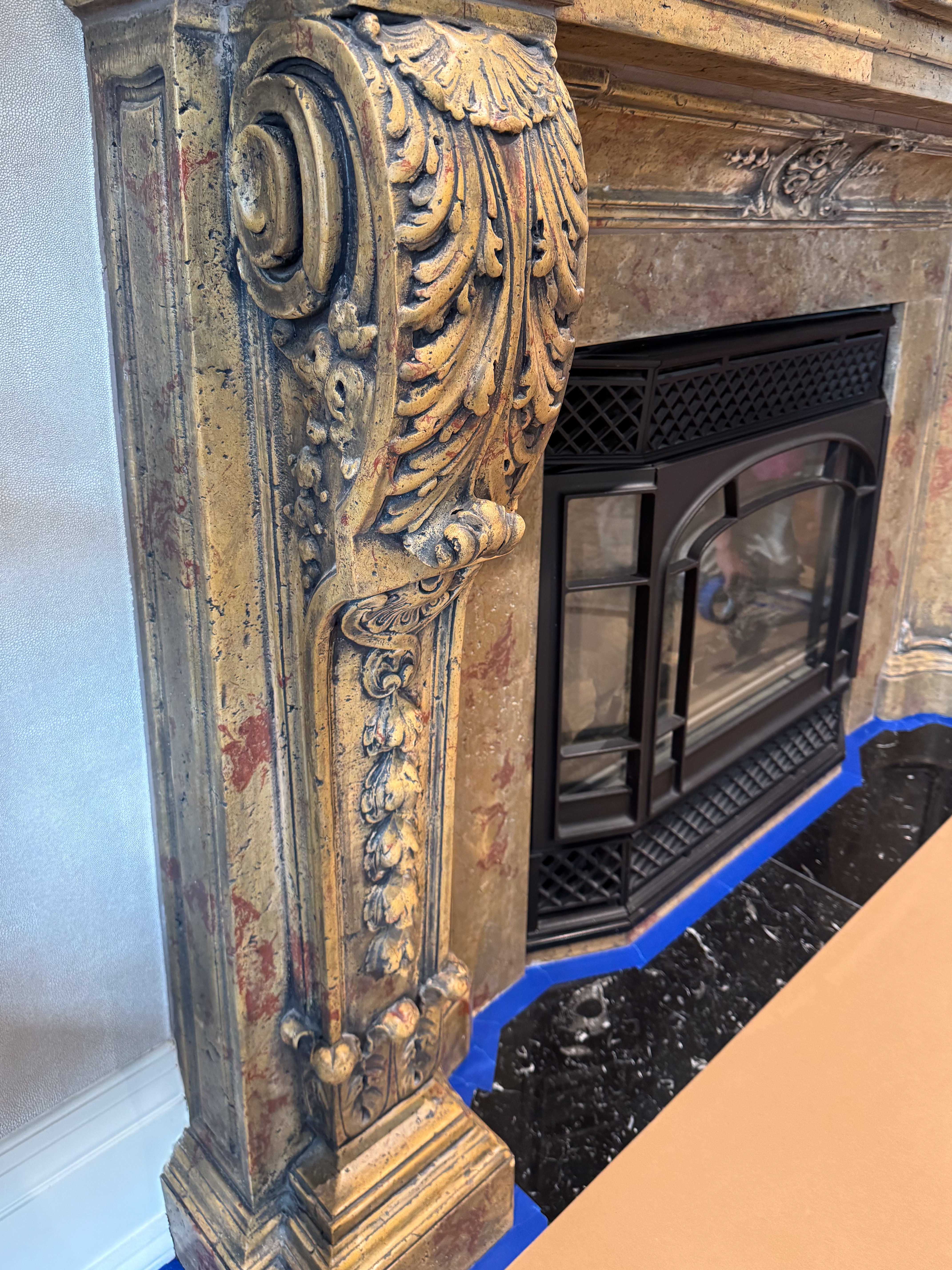 Distressed Fireplace Mantel transformation Richmond Hill Toronto4 Original fireplace mantel finished in a brown-red multi-color glaze.