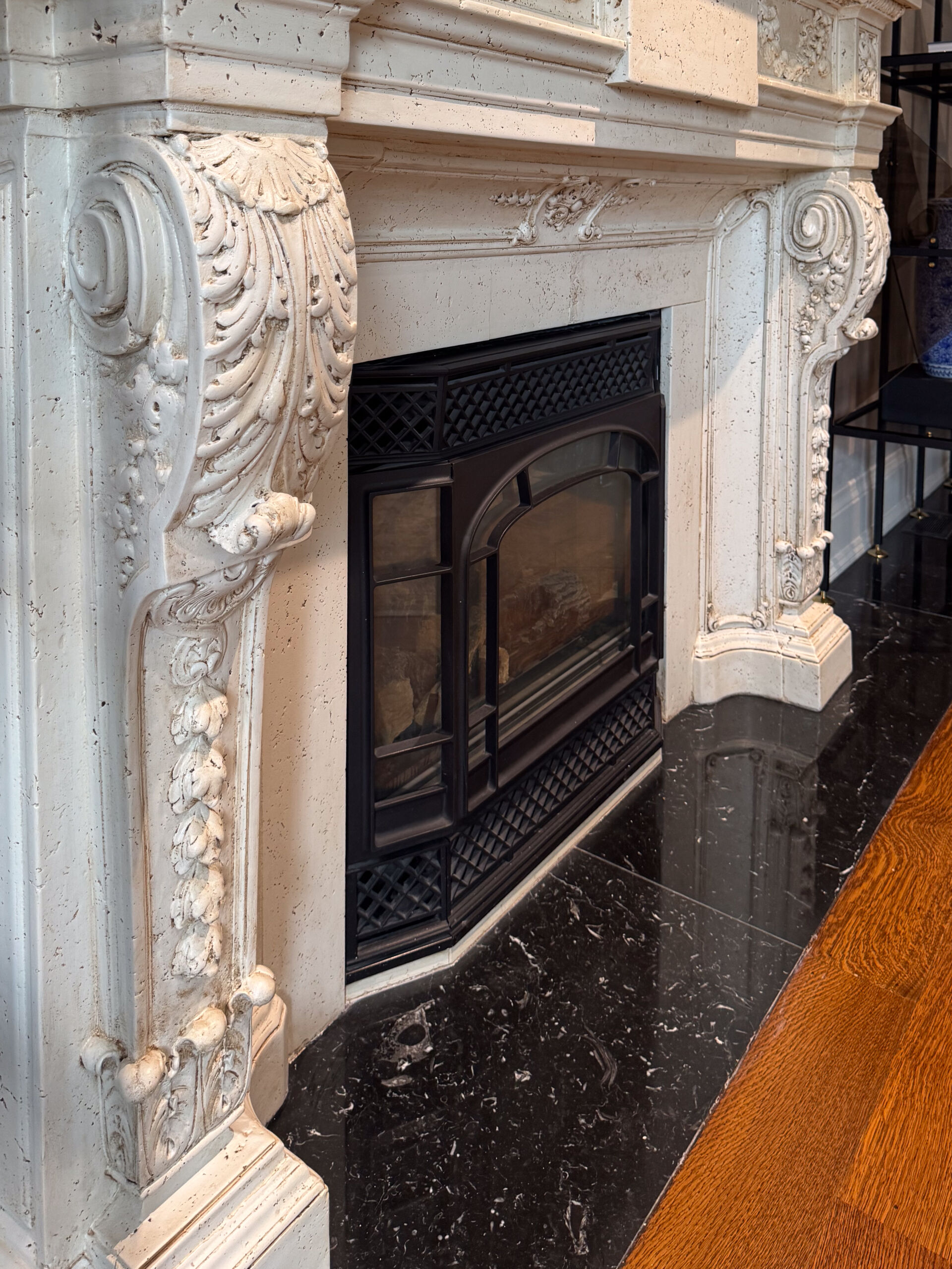 Distressed Fireplace Mantel transformation Richmond Hill Toronto44 Travertine-look fireplace mantel finished with antique glaze in warm white - Fireplace Mantel Makeover by Chromatist painters in Richmond Hill, Toronto.