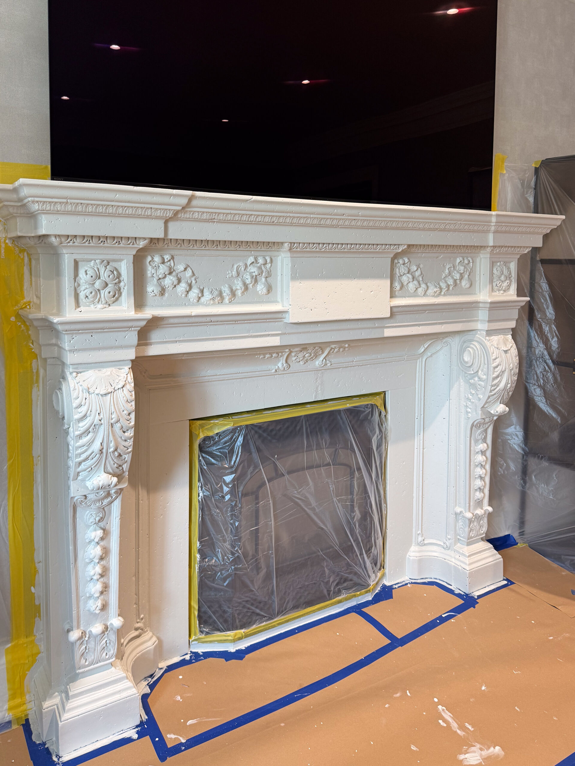 Distressed Fireplace Mantel transformation Richmond Hill Toronto7 Fireplace mantel primed with warm white paint before antique glaze application.