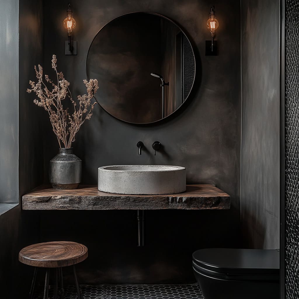 Elegant moody powder room featuring dark textured walls, Venetian plaster finish, and dramatic lighting in a compact space.