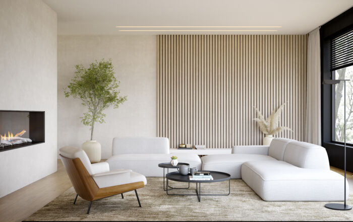 Limewashed fireplace in soft sand color in a modern Florida living room with minimalist design.