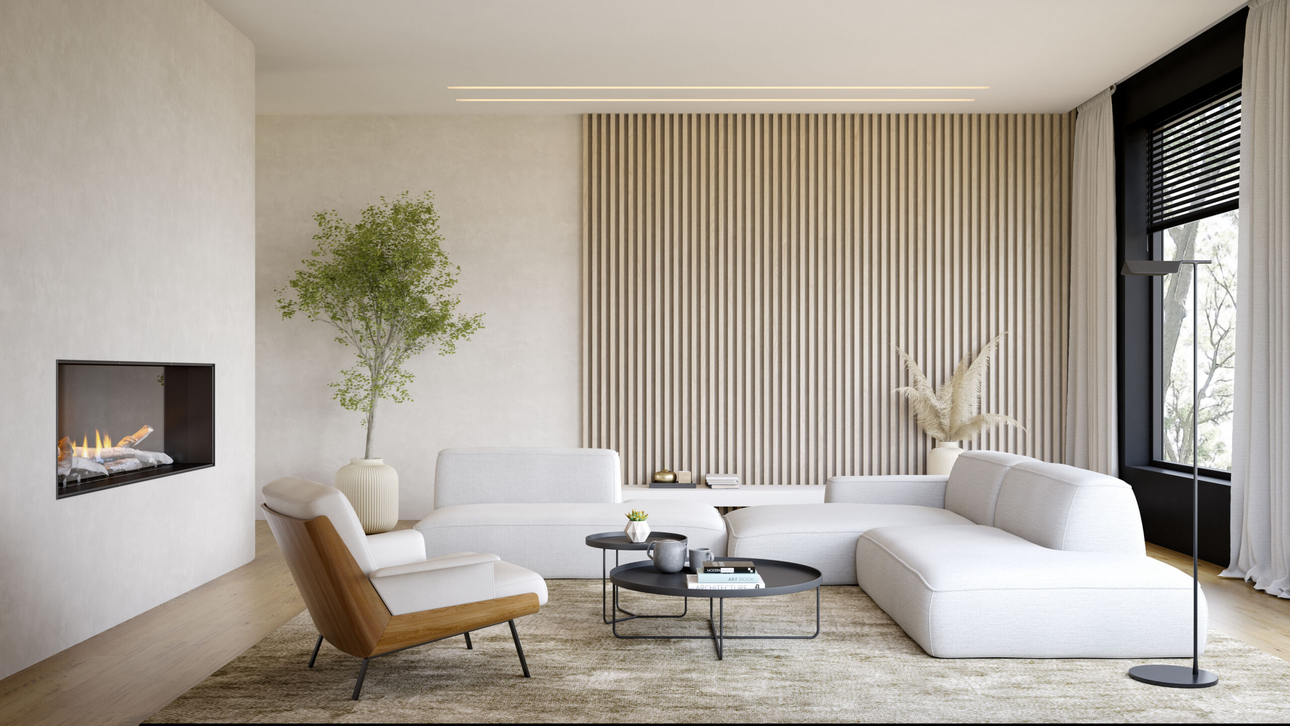 Interior of modern living room with fireplace 3D rendering Limewashed fireplace in soft sand color in a modern Florida living room with minimalist design.