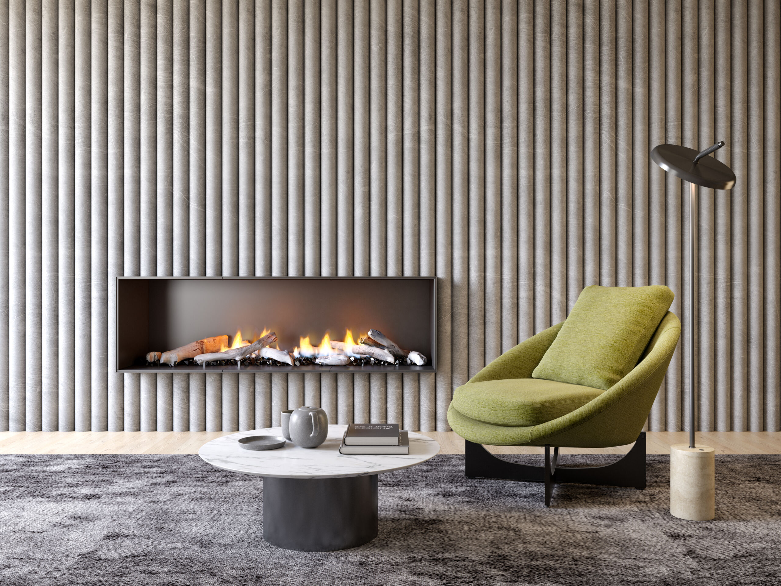 Fluted Fireplace Surfacing in Venetian Plaster | Jacksonville Fireplace Finish Fluted fireplace with Venetian plaster surfacing in a modern Jacksonville home, showcasing smooth texture and elegant detail.