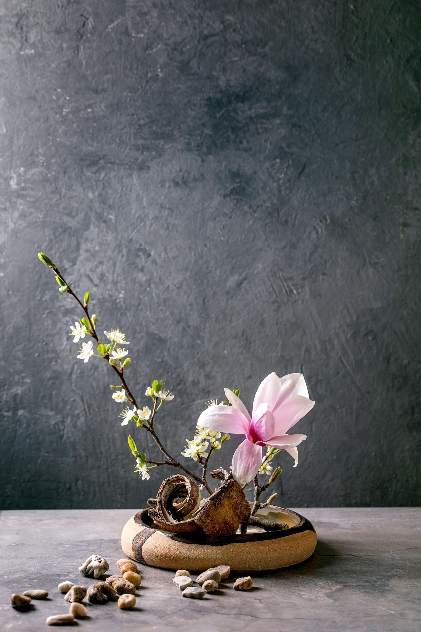 charcoal-marmorino-wall-spring-ikebana-japandi Charcoal Marmorino Venetian Plaster wall serving as a dramatic backdrop for a Spring Ikebana floral composition in a brown ceramic bowl on a grey table.