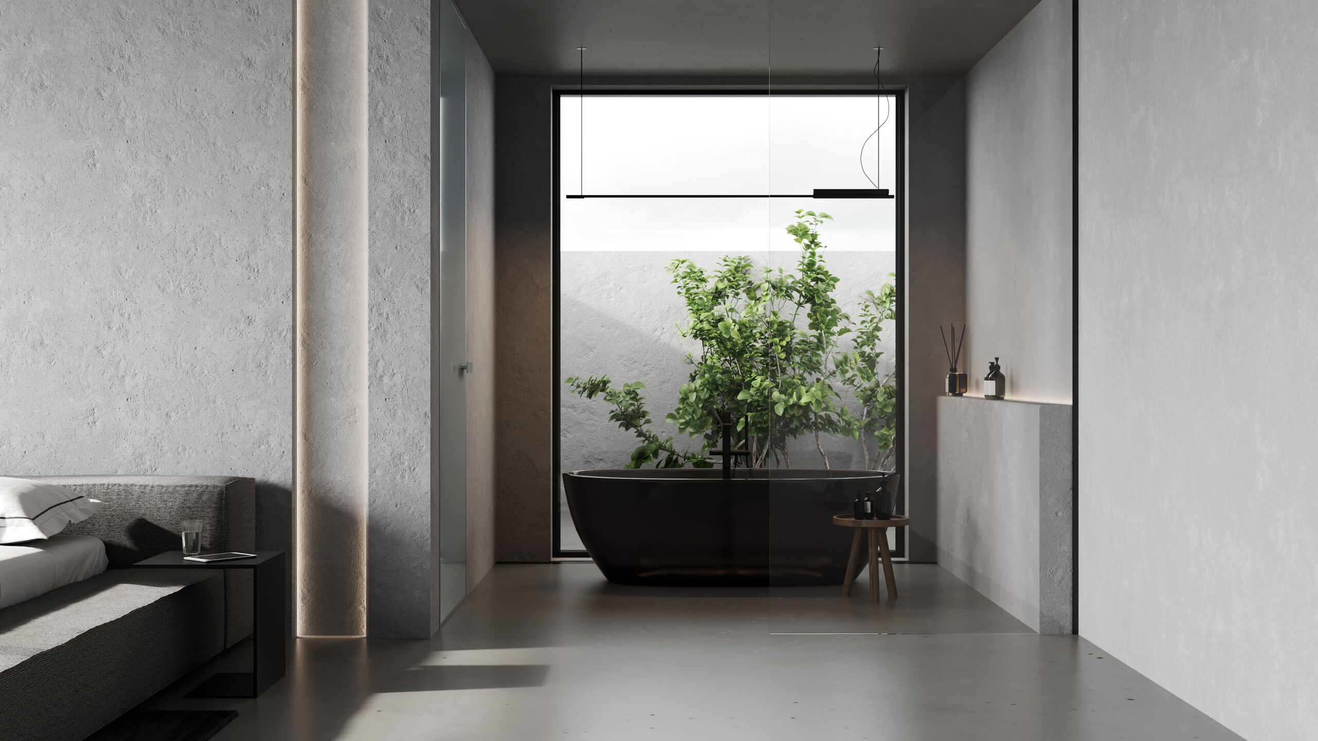 modern-minimalist-bedrroom-to-bathroom-microcement-walls-floors-toronto Luxury minimalist bathroom featuring seamless microcement walls and floors in a warm concrete effect, showcasing a grout-free master bedroom and modern black fixtures.