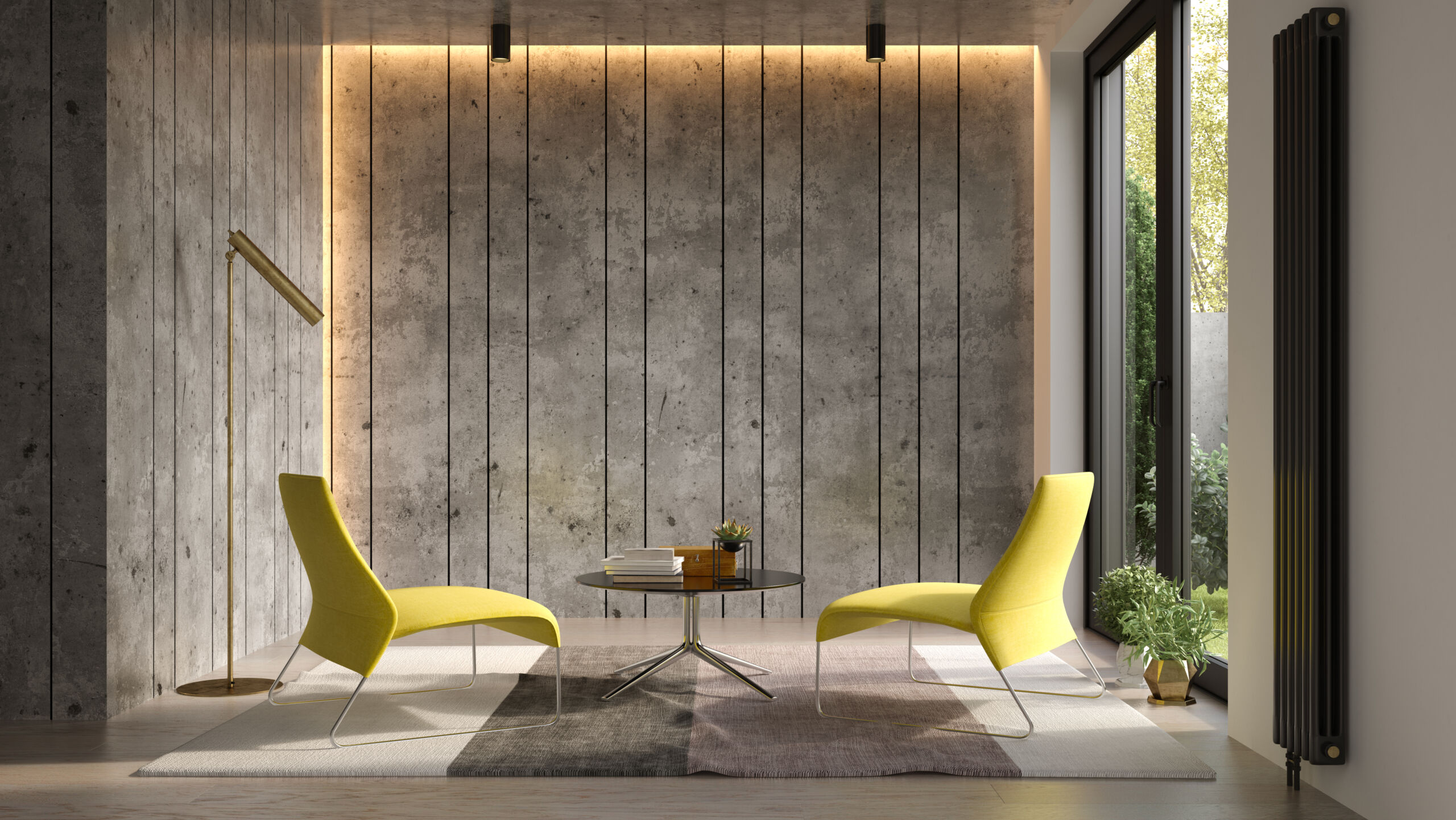 Interior of modern commercial lobby with concrete effect walls Professional concrete effect wall installation in a modern Toronto office lobby, featuring seamless microcement texture, corporate branding copy space, and industrial-chic design.