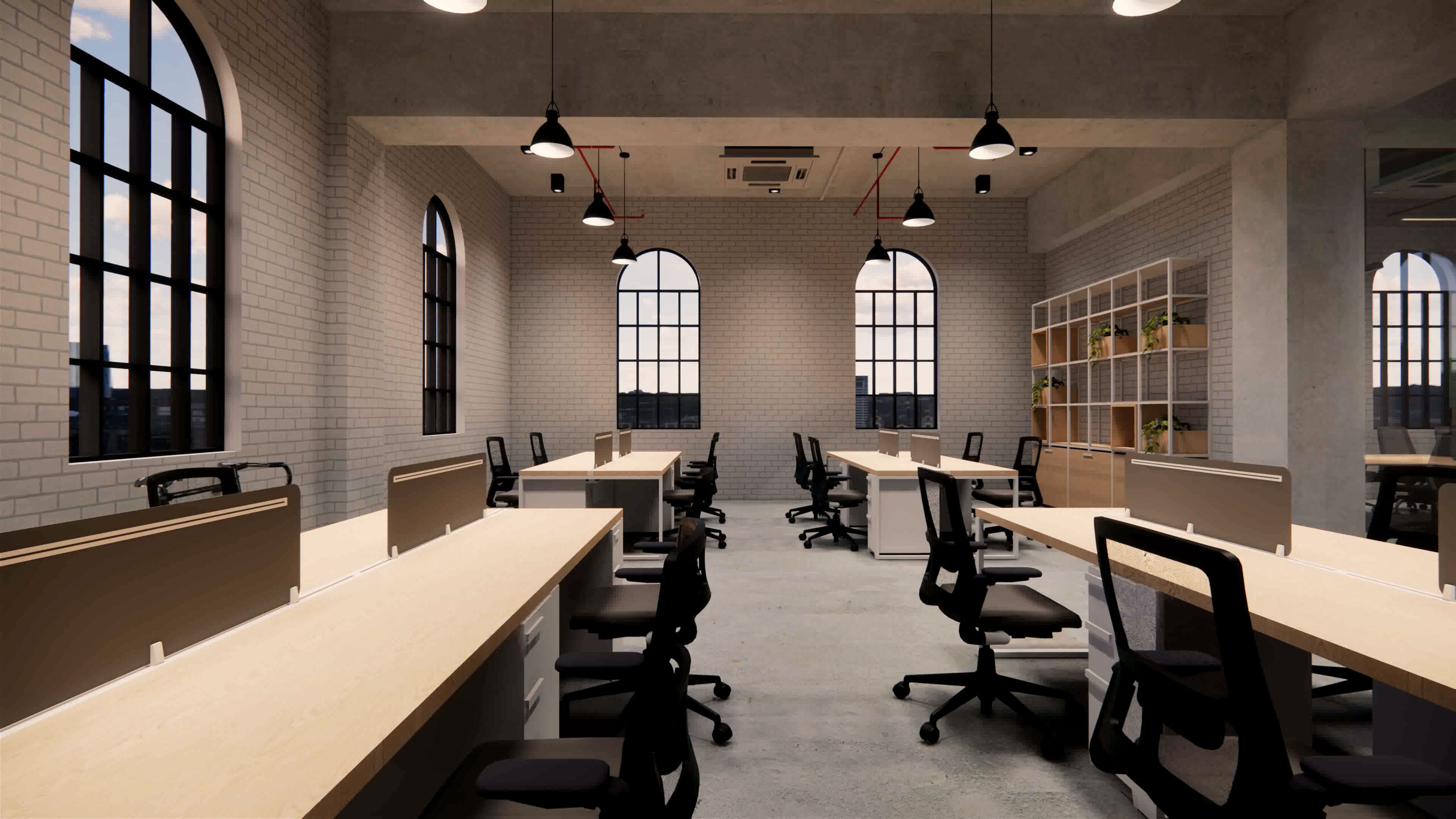 office-design-microcement-ceilings-and-walls-concrete-effect Professional microcement installation on office ceilings and walls in Toronto, featuring a seamless concrete effect finish, minimalist industrial lighting, and high-performance architectural coatings.