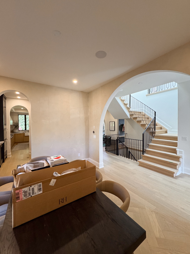 Dining Room Limewash Walls in Edgecomb Grey (Benjamin Moore) with Arched Entryways