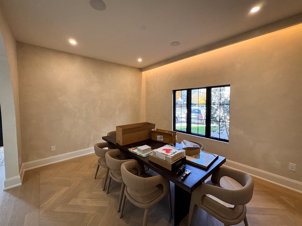 Dining Room Limewash Walls in Edgecomb Grey (Benjamin Moore) with Arched Entryways