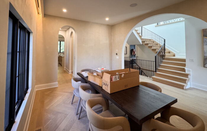 Dining Room Limewash Walls in Edgecomb Grey (Benjamin Moore) with Arched Entryways
