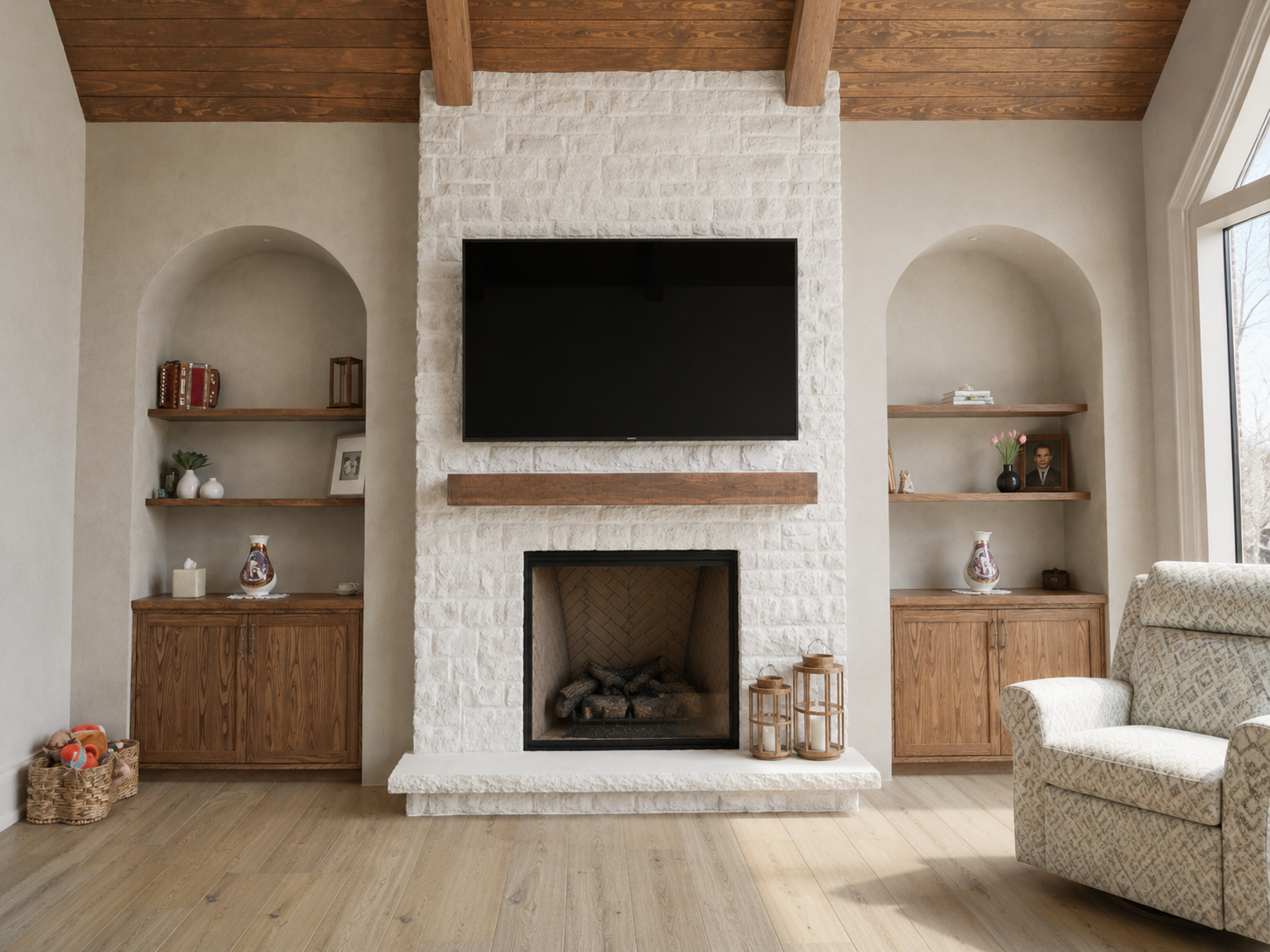 curved-microcement-media-unit-merging-into-a-stone-fireplace-in-kleinburg-toronto Custom Built-in Media Wall and Stone Fireplace after Microcement Application