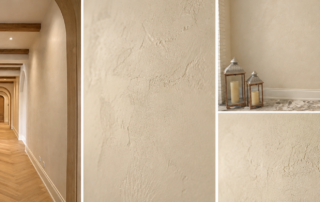 Custom Venetian plaster hallway with arched openings, oak details and herringbone flooring in a luxury Kleinburg home