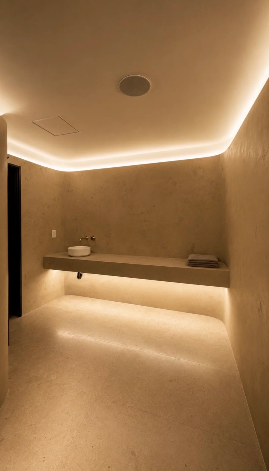 A contemporary home spa in Castle Frank, Toronto, featuring seamless soft grey microcement applied to the walls, closet doors, and a built-in vanity, finished with a matte, waterproof sealer.