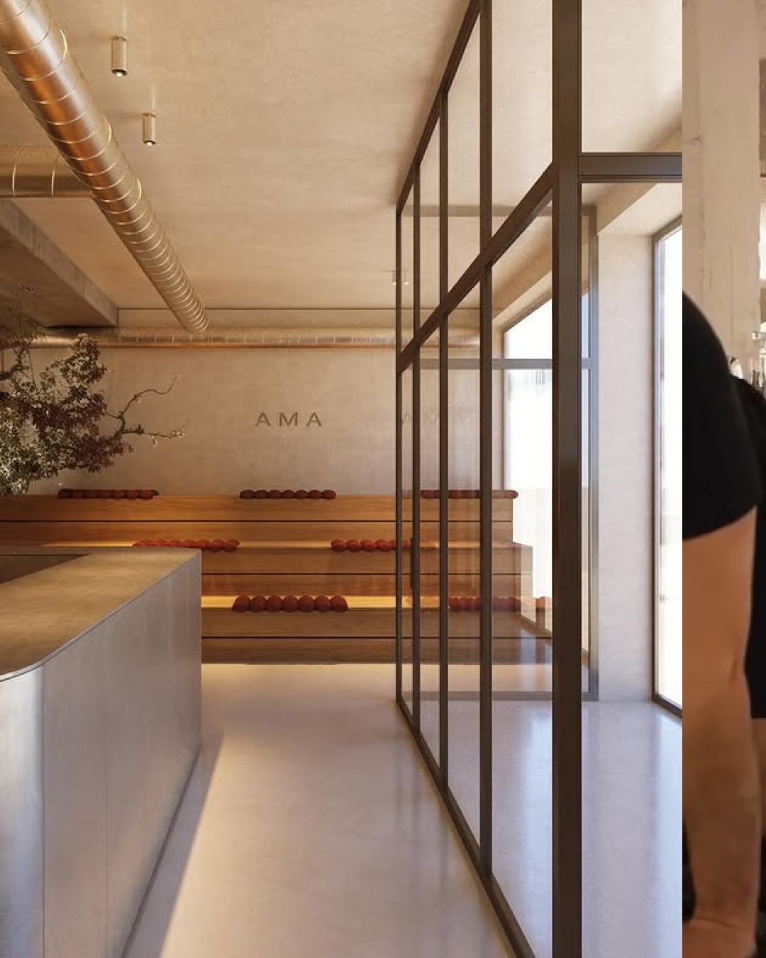 A detailed vertical photograph focusing on the corner of a contemporary Lagree studio. The shot emphasizes the seamless intersection of a hand-troweled, light grey microcement floor and wall.