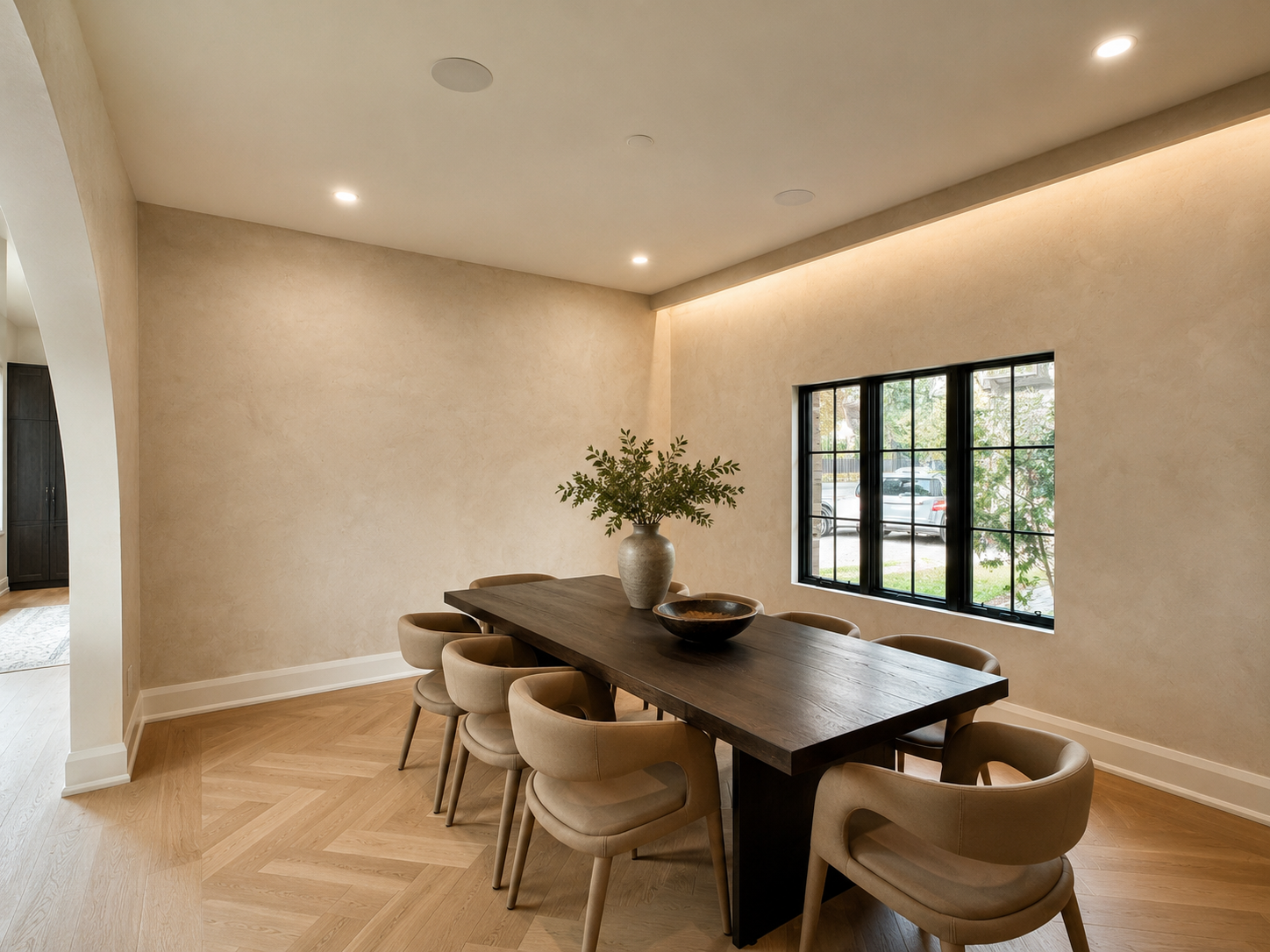 Limewash painter Prince Edward County warm beige limewash walls in modern dining room