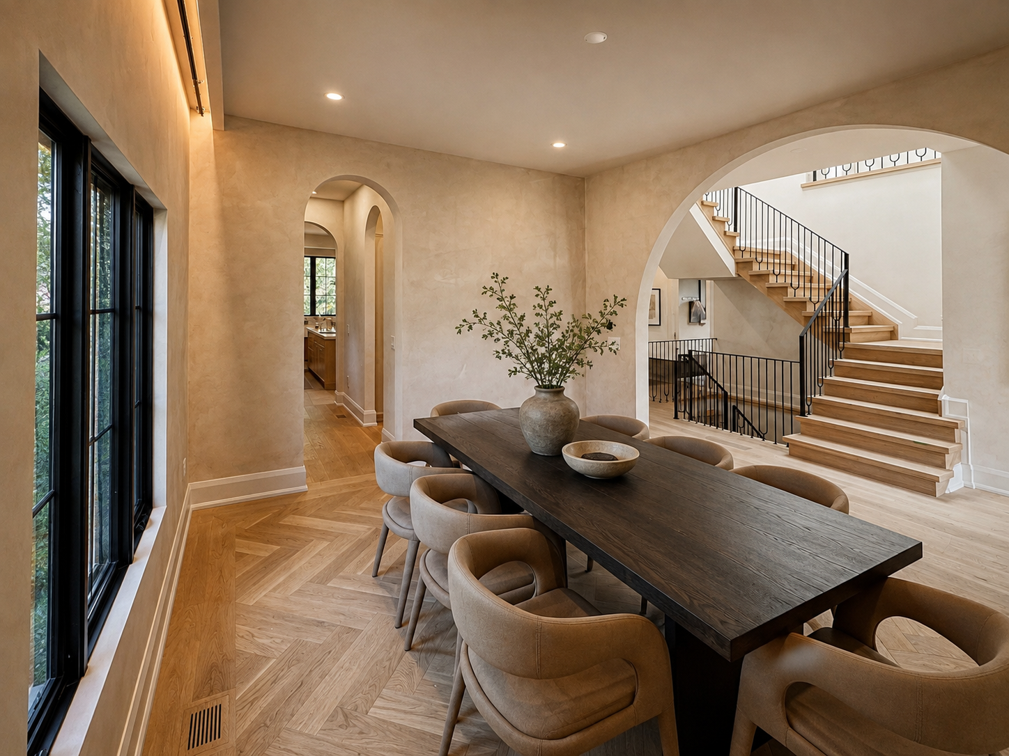 beige-limewash-dining-room-walls-in-prince-edward-county-by-chromatist Limewash painter Prince Edward County beige limewash walls with arched openings and staircase