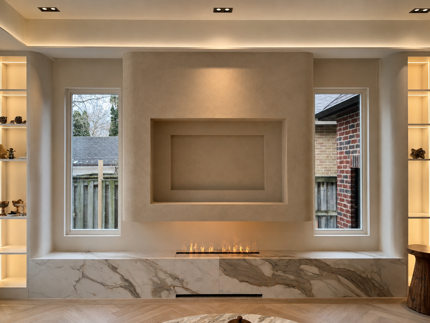 Custom microcement TV wall in Etobicoke with curved media unit and warm neutral finish
