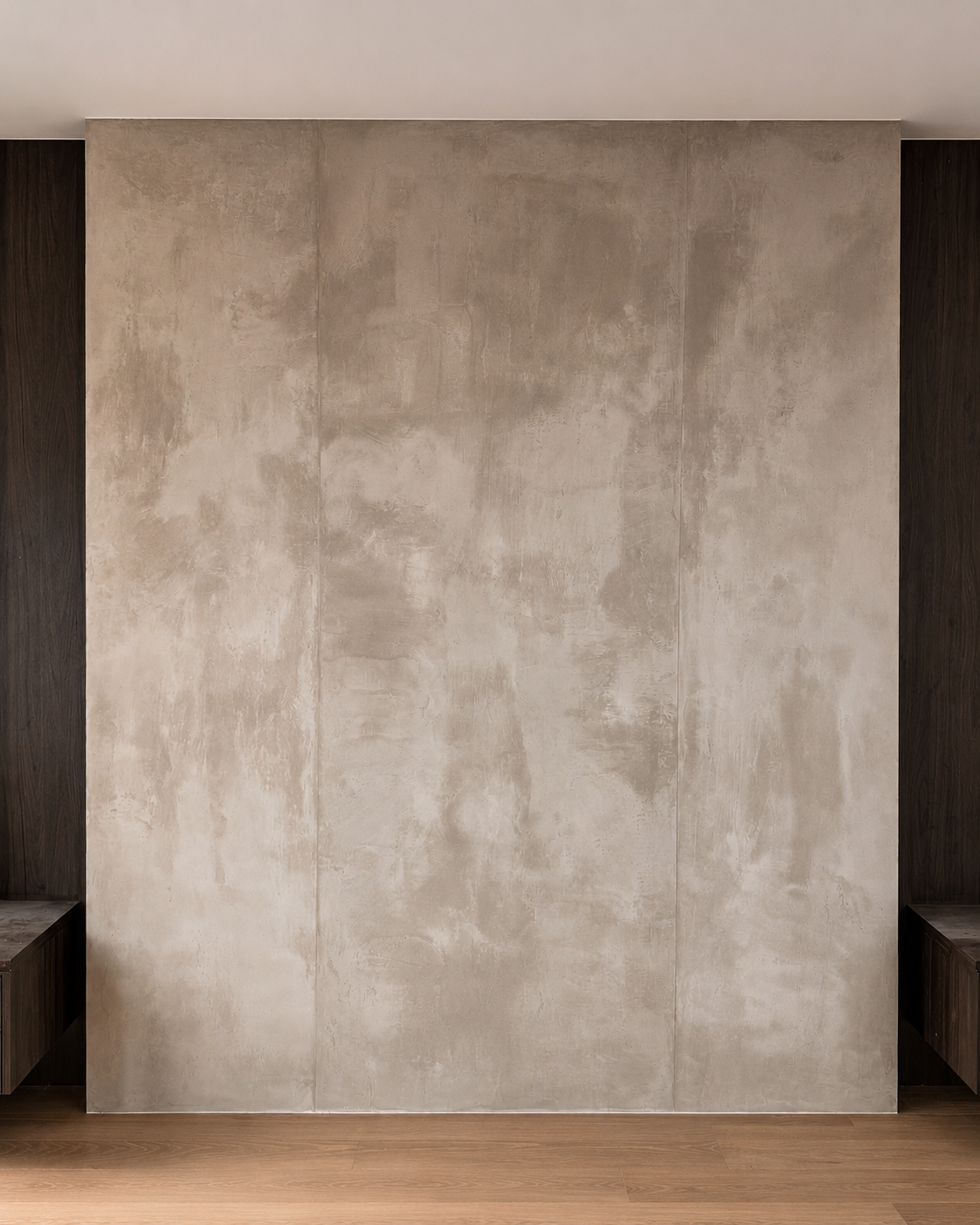concrete-effect-master-bedroom-headboard-wall-in-a-soft-grey-northyork-toronto Grey concrete effect microcement headboard feature wall in modern master bedroom