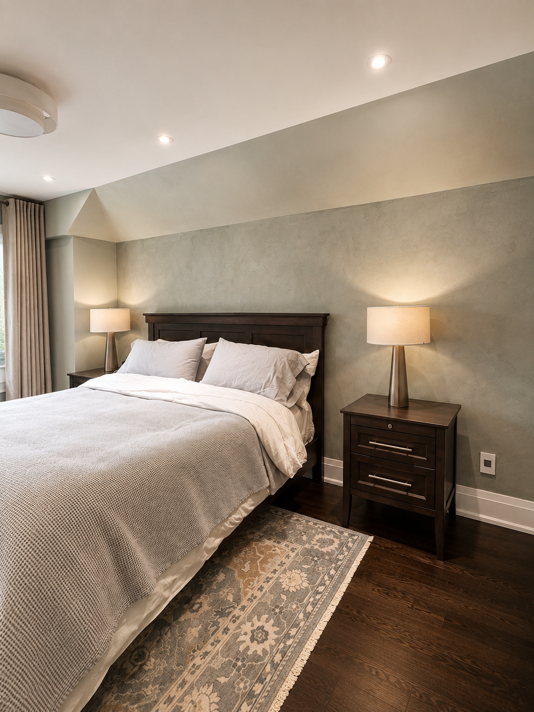 sage-green-limewash-wall-bedroom Sage green limewash accent wall in bedroom with warm bedside lighting and dark wood furniture