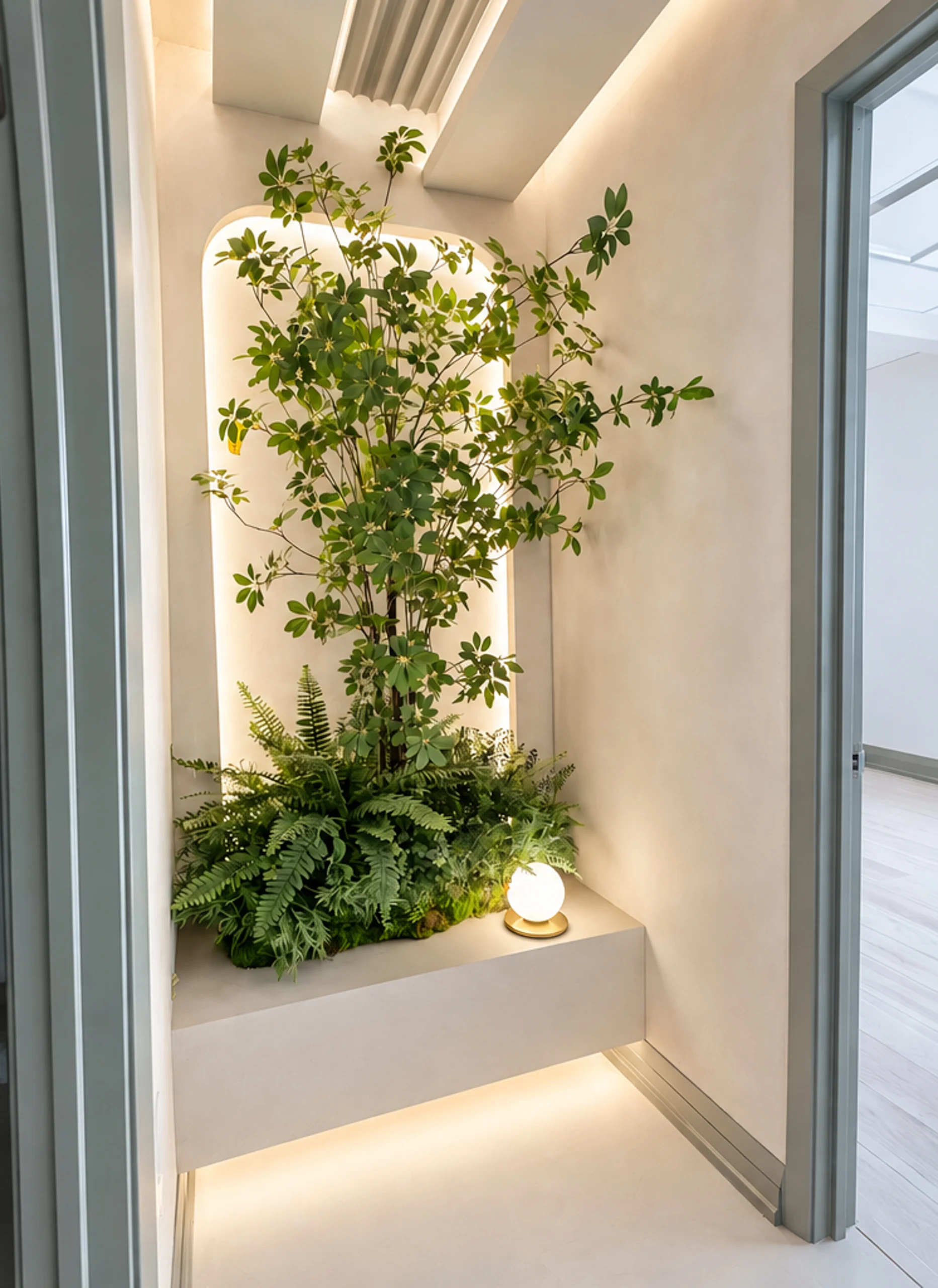 chromatist-microcement-floors-microcement-bench-microcement-planter-limewash-walls-vaughn-2 Microcement floors, bench, planters and reception desk with limewashed walls in a modern wellness center