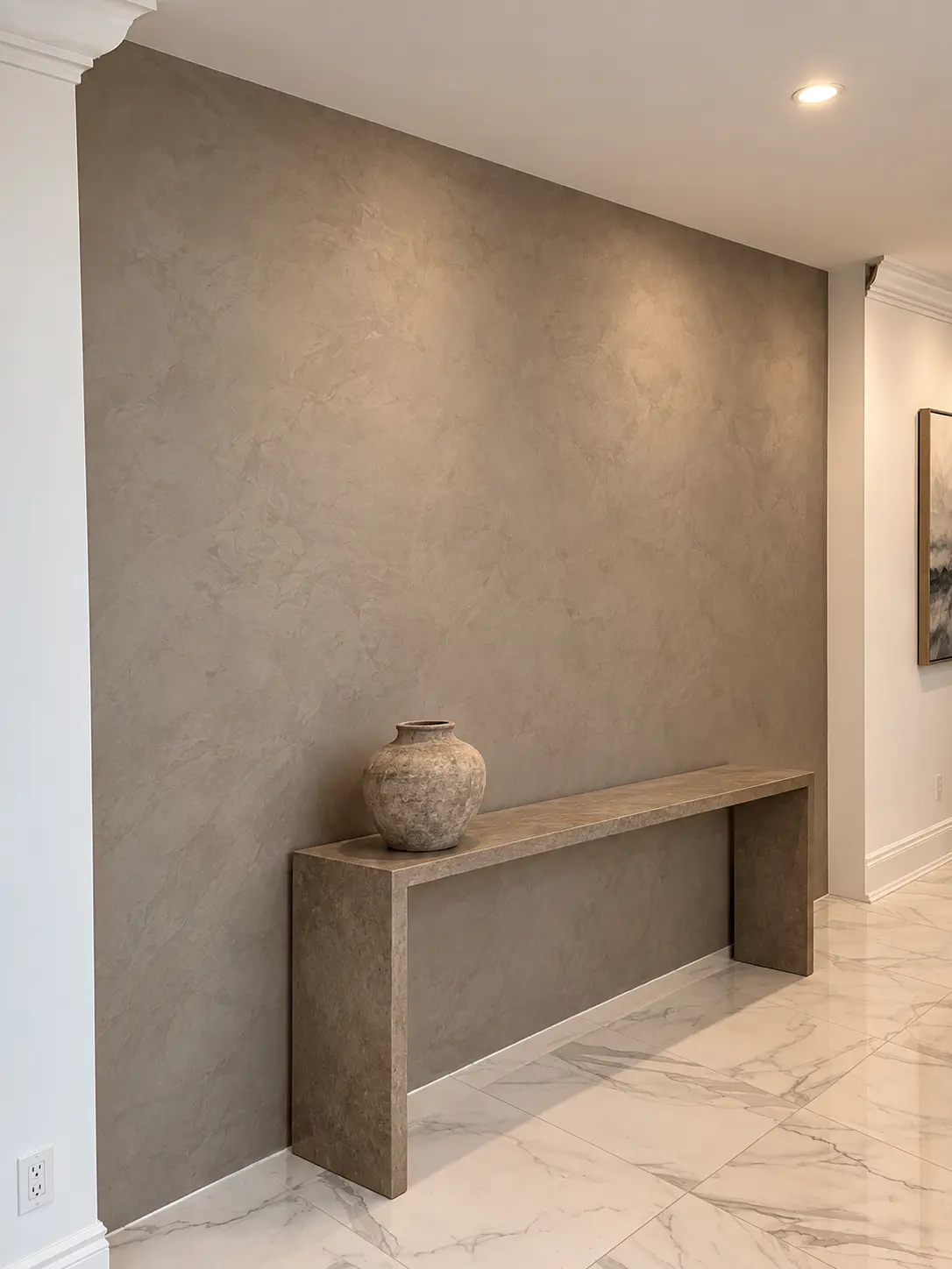 roman-clay-dining-room-wall-console-toronto-west Hand-trowelled Roman clay dining room accent wall in Toronto.