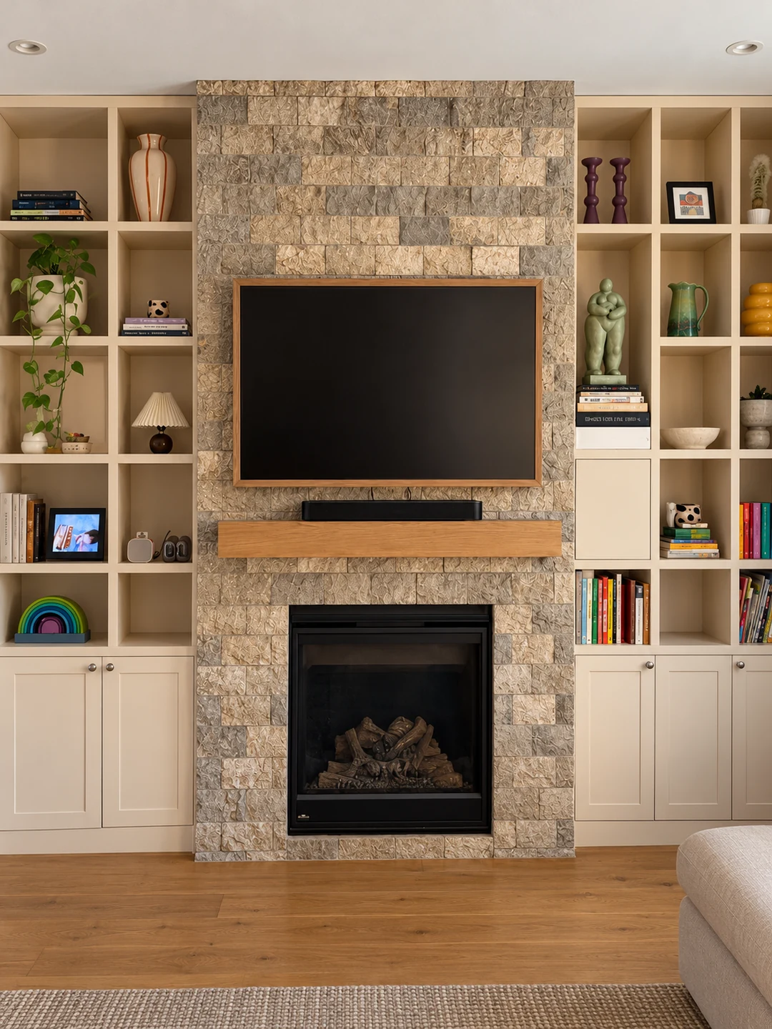 Existing stone fireplace surround before microcement resurfacing in a High Park, Toronto home.