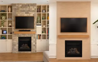Before-and-after view of a stone fireplace resurfaced in warm taupe microcement in High Park, Toronto.