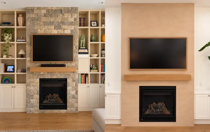 Before-and-after view of a stone fireplace resurfaced in warm taupe microcement in High Park, Toronto.