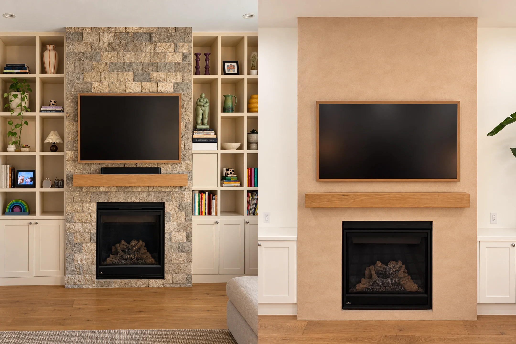 Before-and-after view of a stone fireplace resurfaced in warm taupe microcement in High Park, Toronto.