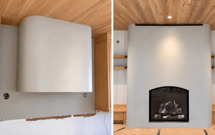 Side-by-side views of a soft-grey curved kitchen hood and fireplace beneath wood ceilings, with wood cabinetry and shelves.